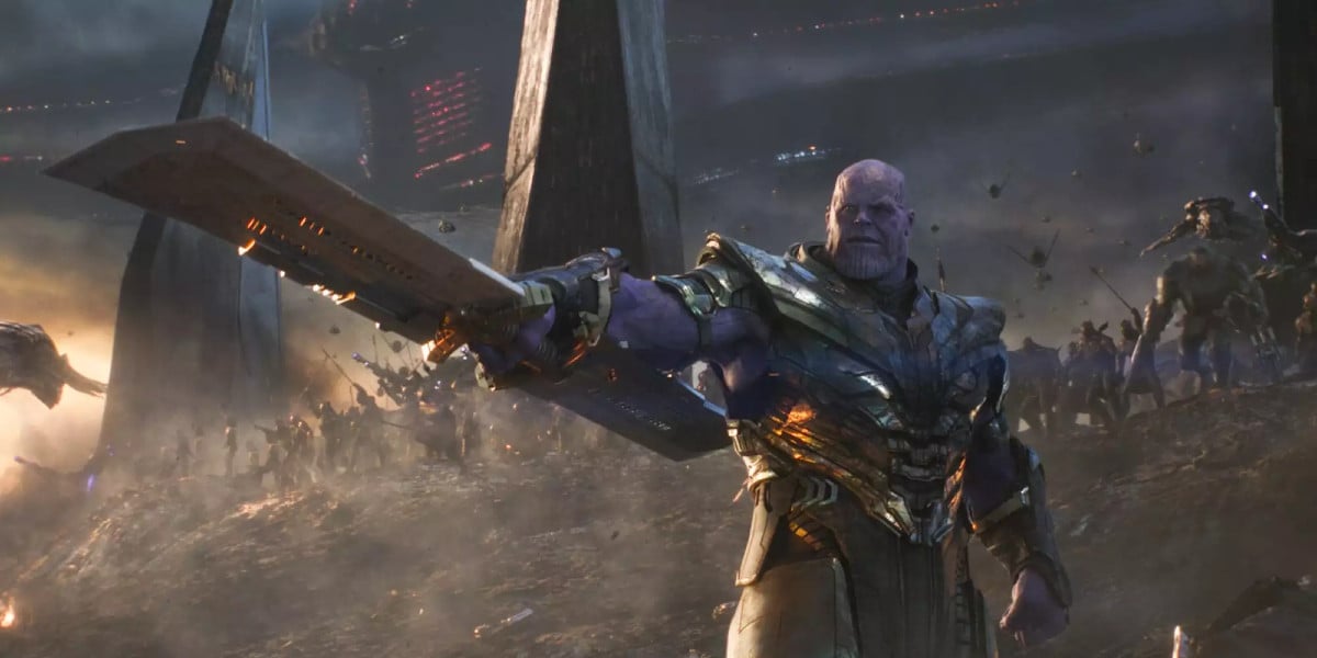 Josh Brolin's Thanos in Avengers: Endgame, pointing with his weapon to command his army