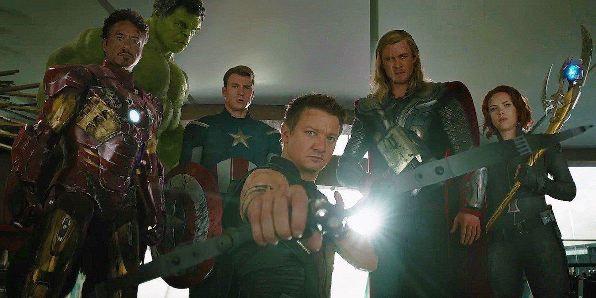 Iron Man, Hulk. Captain America, Hawkeye, Thor and Black Widow all looking down at Loki in the first Avenger movie