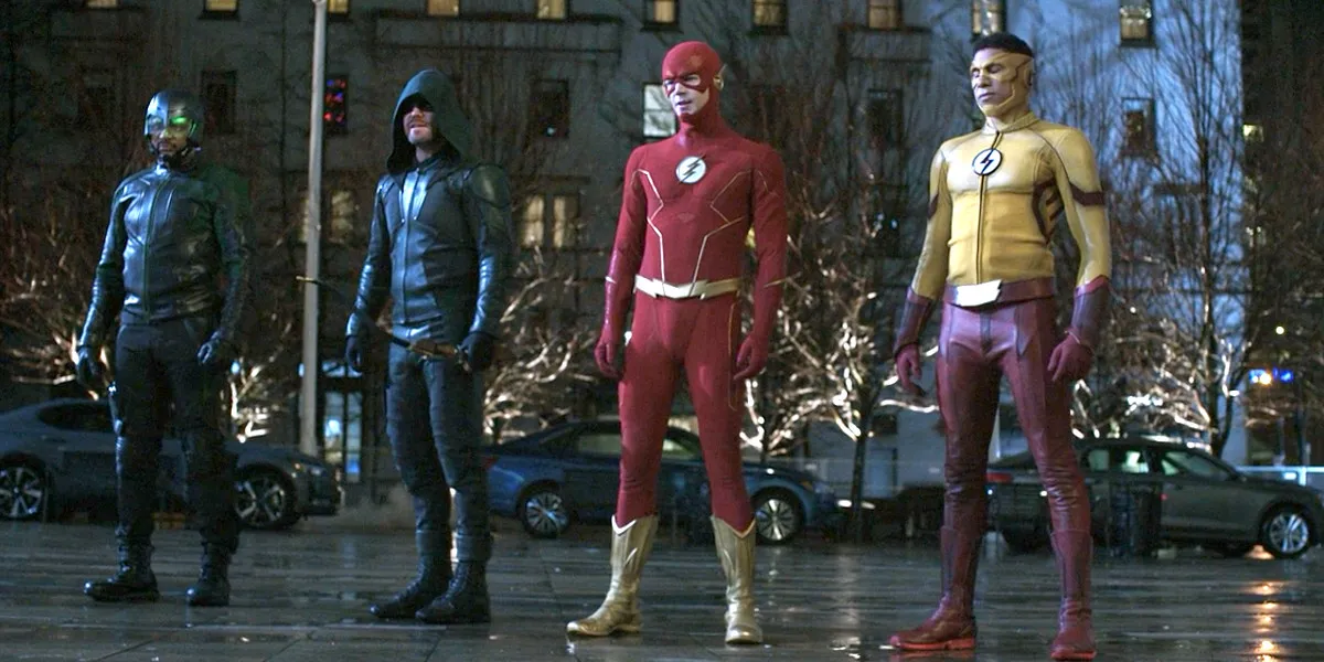 Spartan, Green Arrow, Flash, and Kid Flash in The Flash season 9, episode 9 