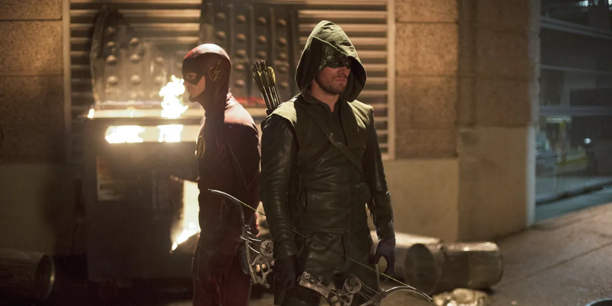 Grant Gustin as The Flash and Stephen Amell as The Green Arrow in The Flash vs Arrow crossover