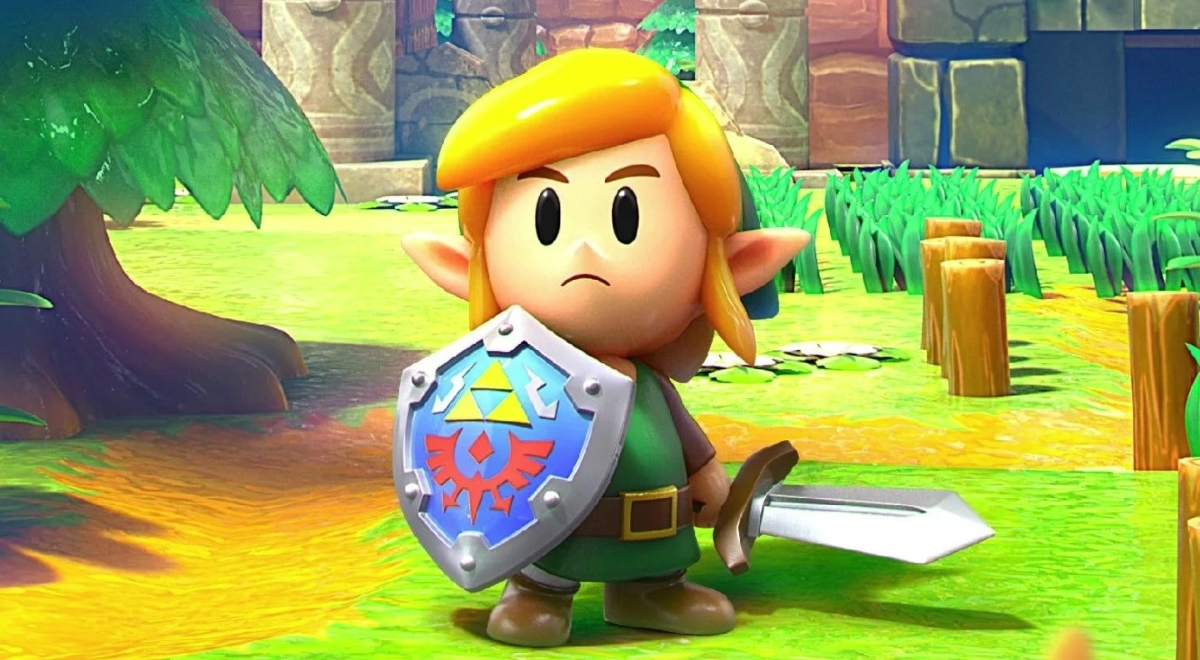 Little Link wields a sword and shield in 'The Legend of Zelda: Link's Awakening'