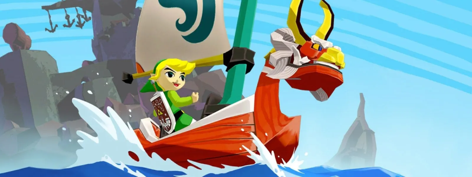 Link rides a red dragon boat across the ocean in 'The Legend of Zelda: The Wind Waker'