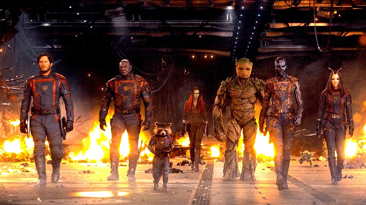 The Guardians of the Galaxy walking in Vol. 3