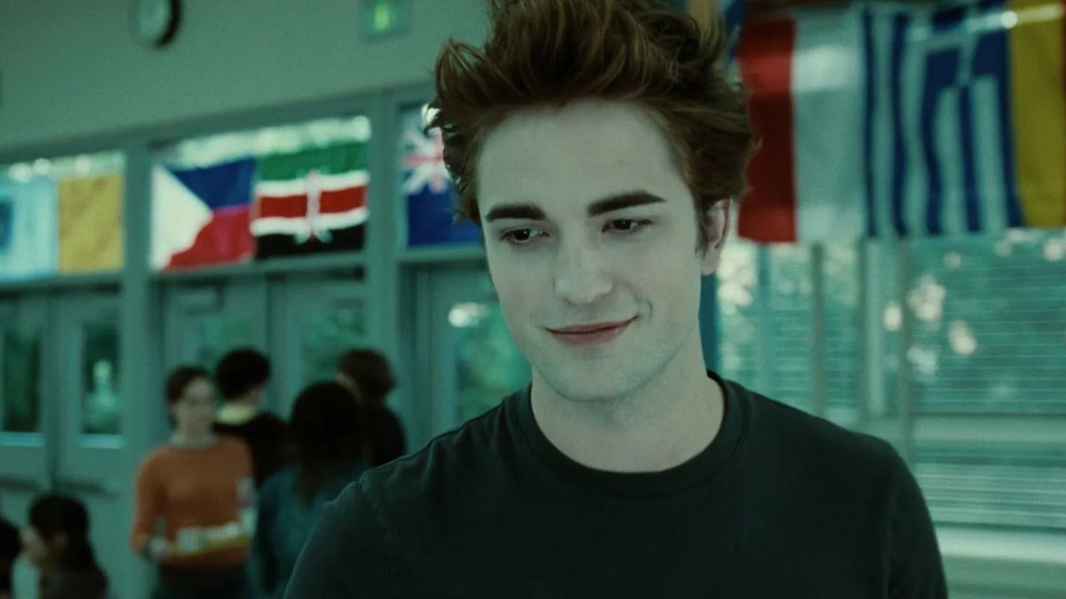 Edward Cullen, played by Robert Pattinson, makes his entrance in the Forks High School cafeteria in Twilight