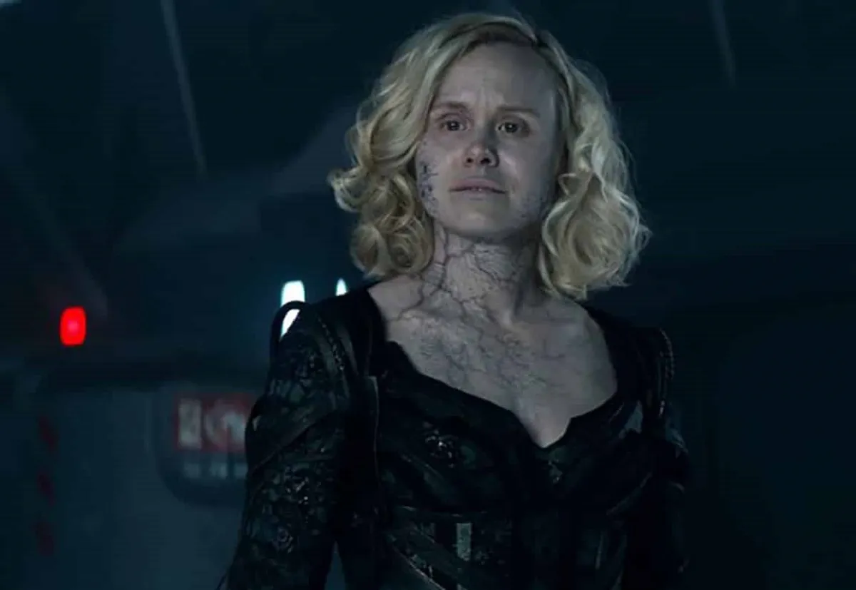 Alison Pill as Agnes Jurati on 'Star Trek: Picard.' She is half Agnes, half Borg. Her blonde, shoulder-length hair is still in tact, but her skin is grey and veiny, and she has the Borg Queen's black uniform on. 