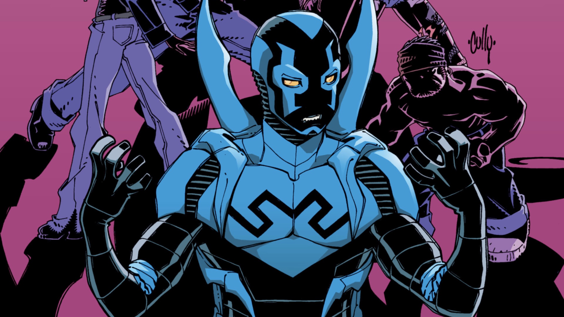 Image from a cover of an issue of the 'Blue Beetle' comic from DC Comics. It's Blue Beetle in his blue super suit, which is a light blue and black. He's looking at his hands as he holds them up, as if some power is going to erupt from them. Behind him are the dark figures of other characters against a pink background. 