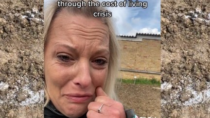 A screenshot of a video of a blonde woman crying overlaid on a picture of dirt.