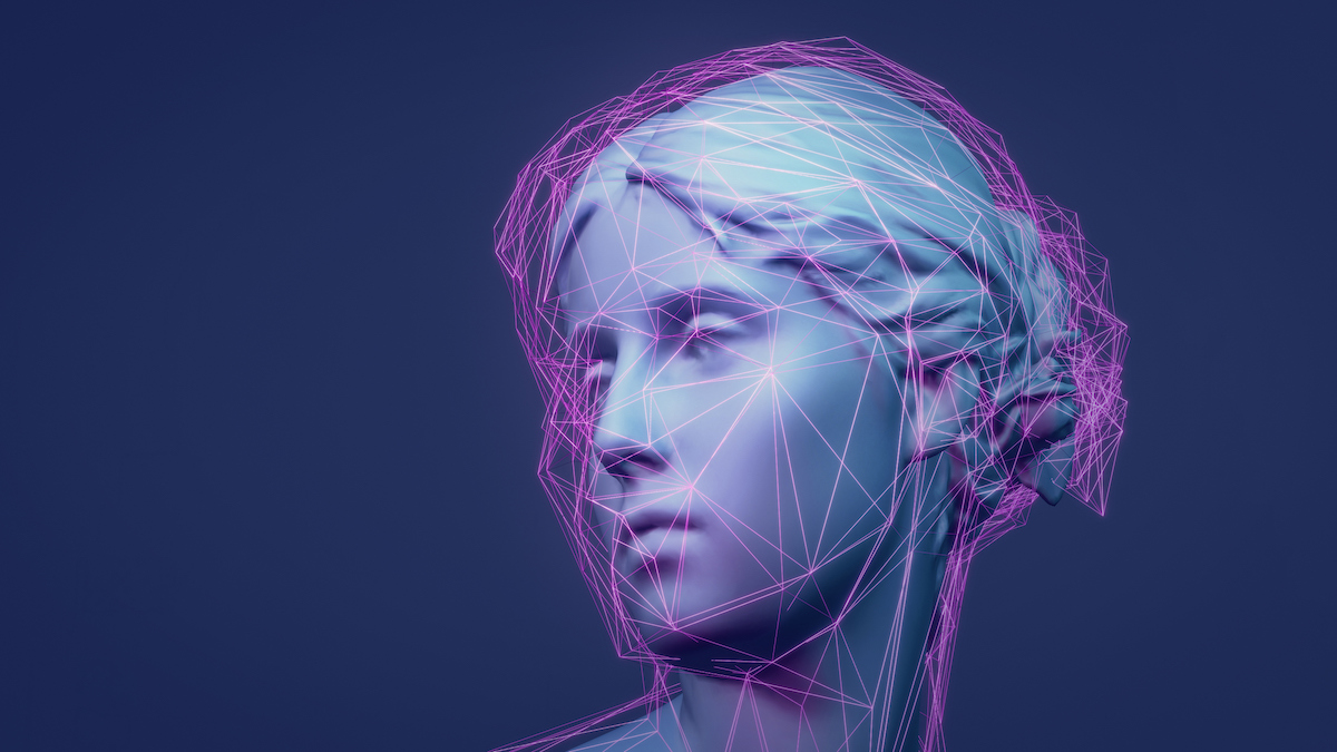 A Greek-style marble statue of a woman's head, surrounded by pink digital-looking lines, as if it's being scanned and rendered into a digital version of itself.
