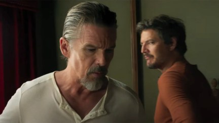 Pedro Pascal and Ethan Hawke in a staring loving contest in Strange Way of Life