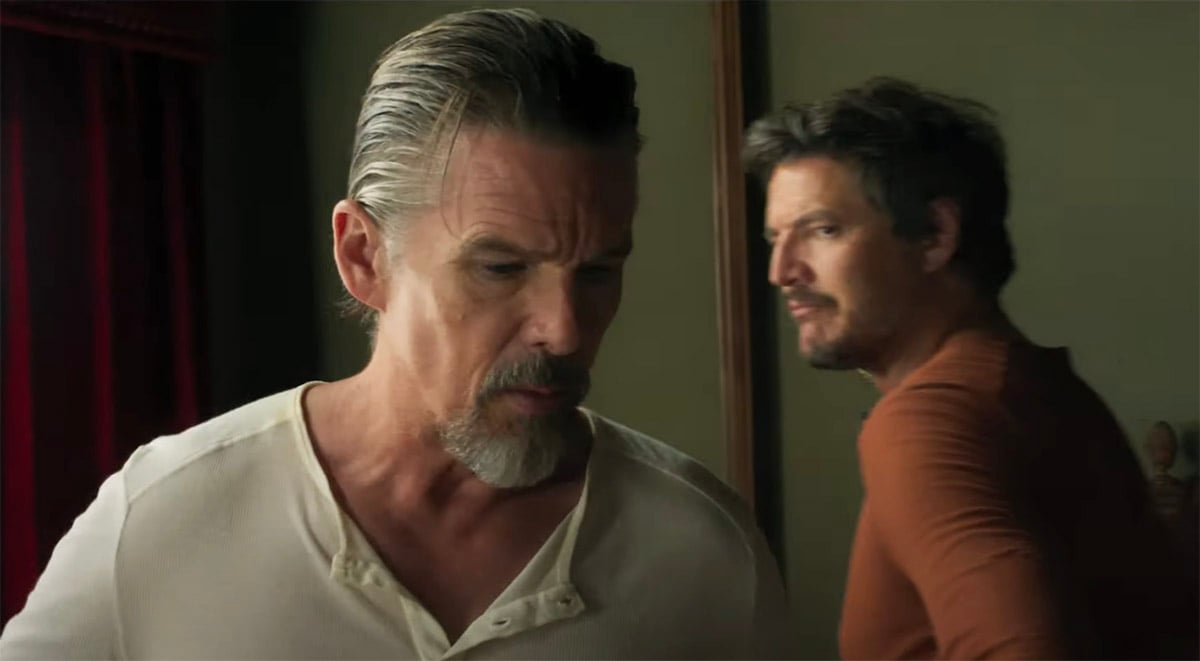 Pedro Pascal and Ethan Hawke in a staring loving contest in Strange Way of Life