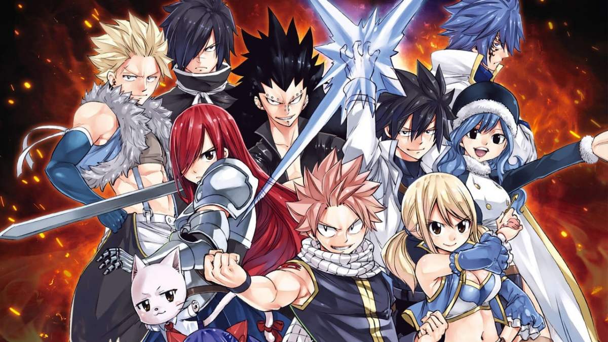 The cast of fairy tail poses against a red background.