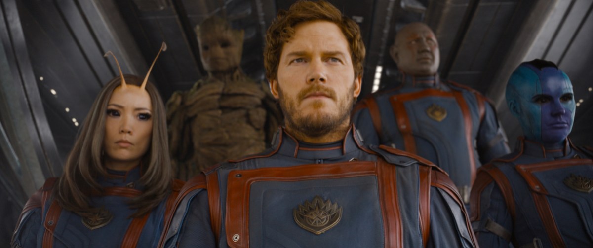 Peter stands in the entrance to the ship, with the other Guardians behind him.