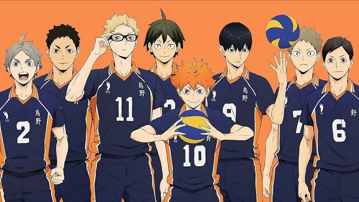 The cast of Haikyuu!! post against an orange background.