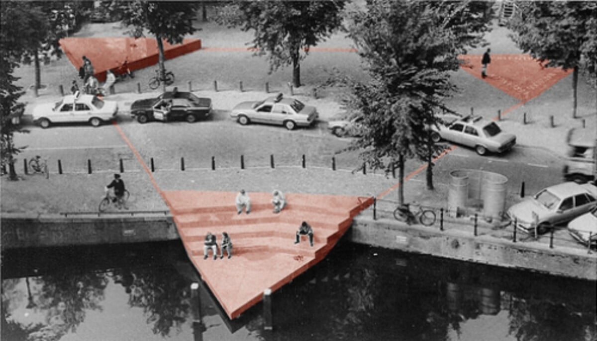 Aerial view of the Homomonument in Amsterdam. It's a black and white image that highlights in color the three distinct triangles that make up the larger triangle in pink.