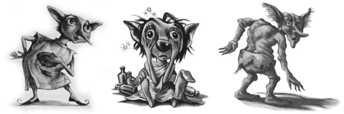 Dobby, Winky, and Kreacher from Harry Potter. Illustration by Mary GrandPré. 