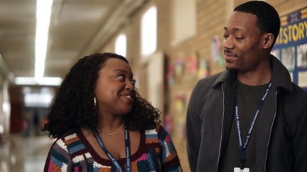 Janine and Gregory looking at each other on 'Abbott elementary'