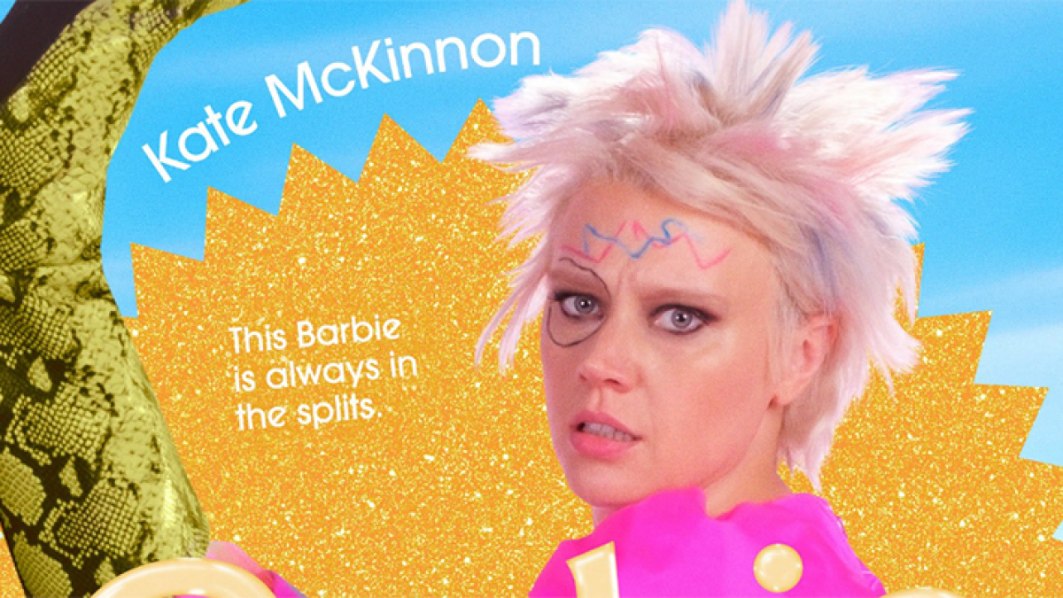 Close up of a Barbie poster featuring Kate McKinnon. She has hacked-off hair, marker scribbles on her face, and one cowboy boot in the air. A caption says "This Barbie is always in the splits."
