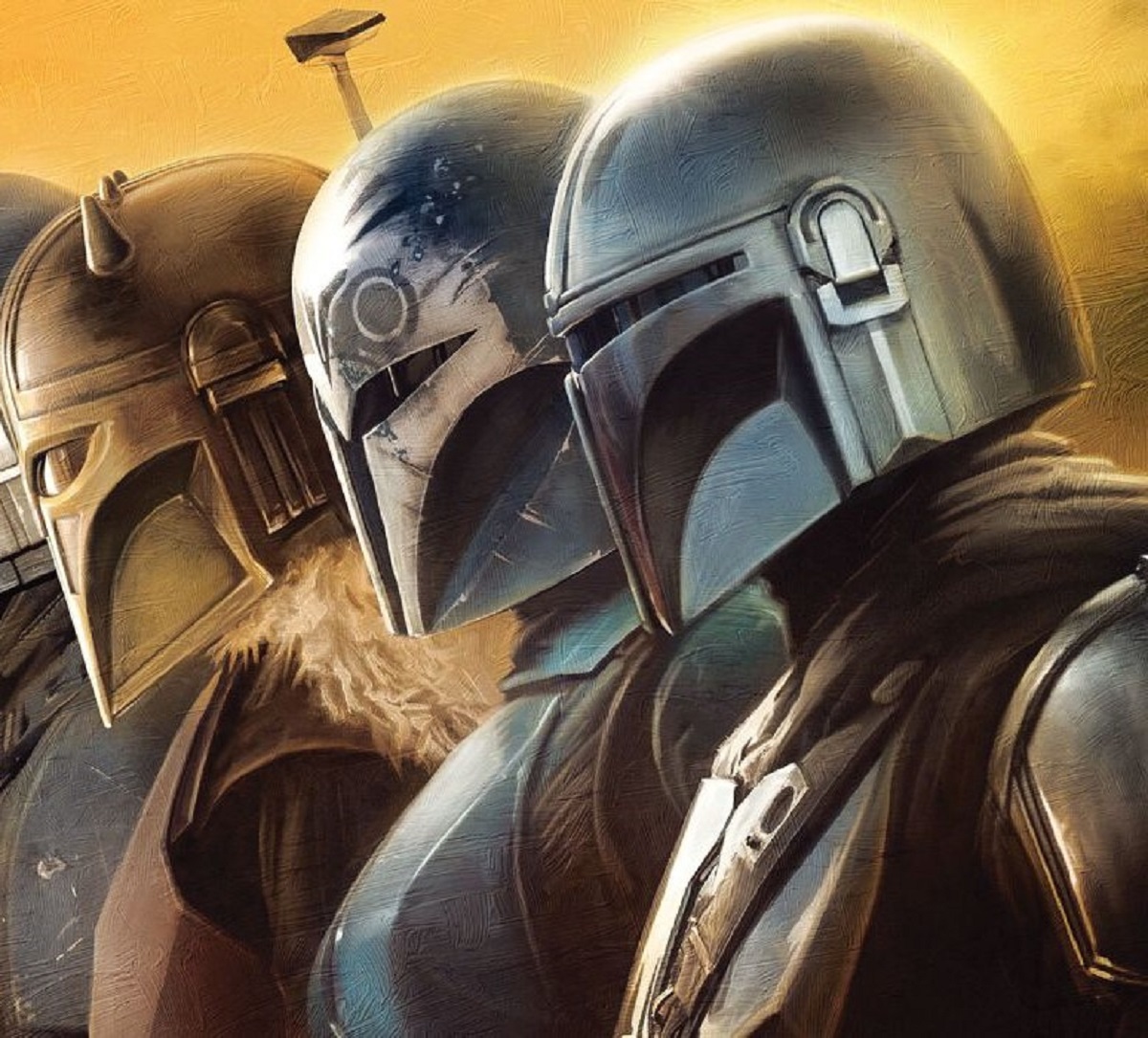 Cropped image of The Armorer (Emily Swallow), Bo-Katan (Katee Sackhoff), and Din Djarin (Pedro Pascal) standing in a row suited up in their Mandalorian helmets in a poster for 'The Mandalorian' on Disney+. 