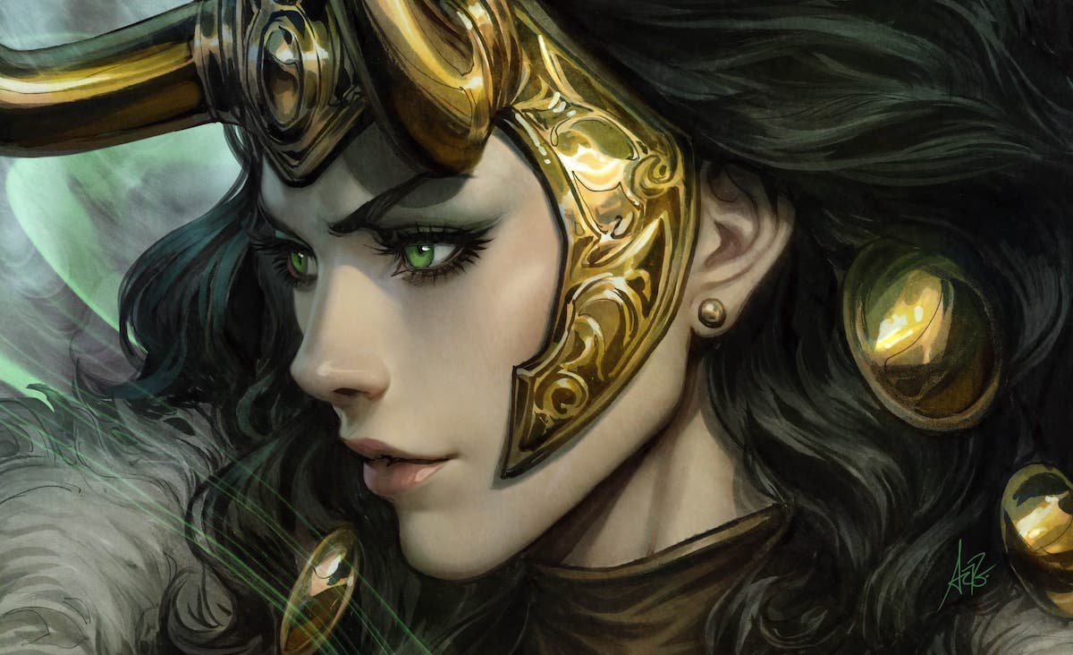 Close-up of a painted portrait of Lady Loki. Loki looks to the side, with delicately rendered abstract designs on the sides of her horned crown.