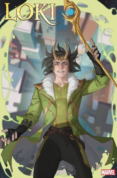 Cover of Loki issue 2 (July 2023). An anime-inspired version of Loki smiles as he falls backwards into a cityscape.