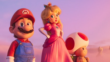 Mario, Peach, and Toad stand looking out at the sunset.