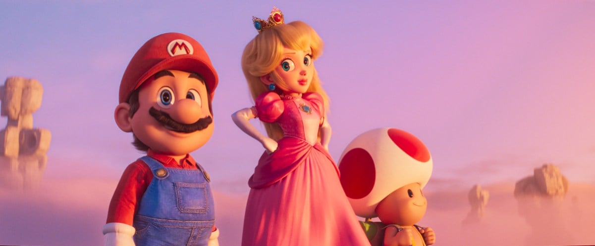 Mario, Peach, and Toad stand looking out at the sunset.