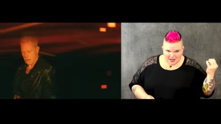 Split screen of an ethereal shot from a Metallica music video next to an ASL interpreter with pink hair playing air guitar