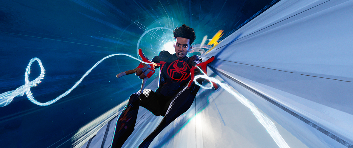 Miles yelling as he shoots webs in Spider-Verse