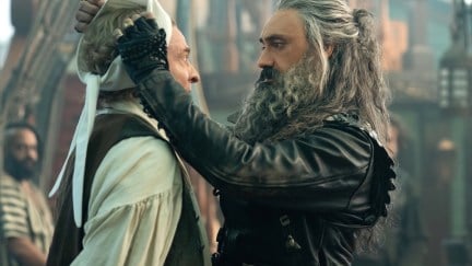 Taika Waititi as Blackbeard takes a blindfold off Rhys Darby as Stede Bonnet in 'Our Flag Means Death' season 1