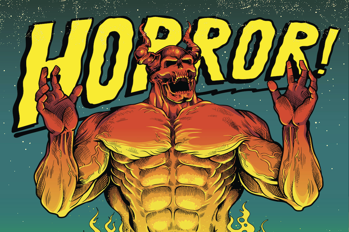 A campy illustration of a devil with the word "HORROR" emblazoned behind it