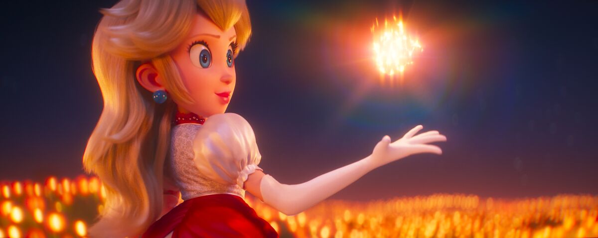 Princess Peach holds her hand under a fireball, with a field of fire flowers behind her.