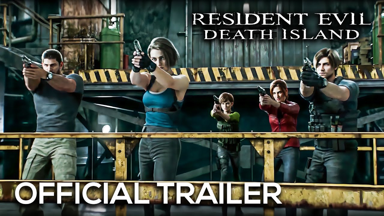 Resident Evil protagonists stand on a balcony together with guns drawn.