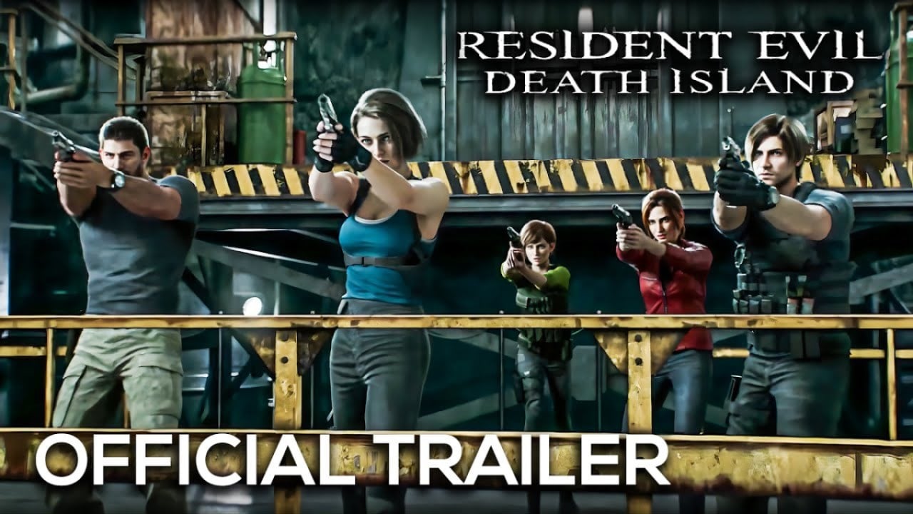 Resident Evil protagonists stand on a balcony together with guns drawn.