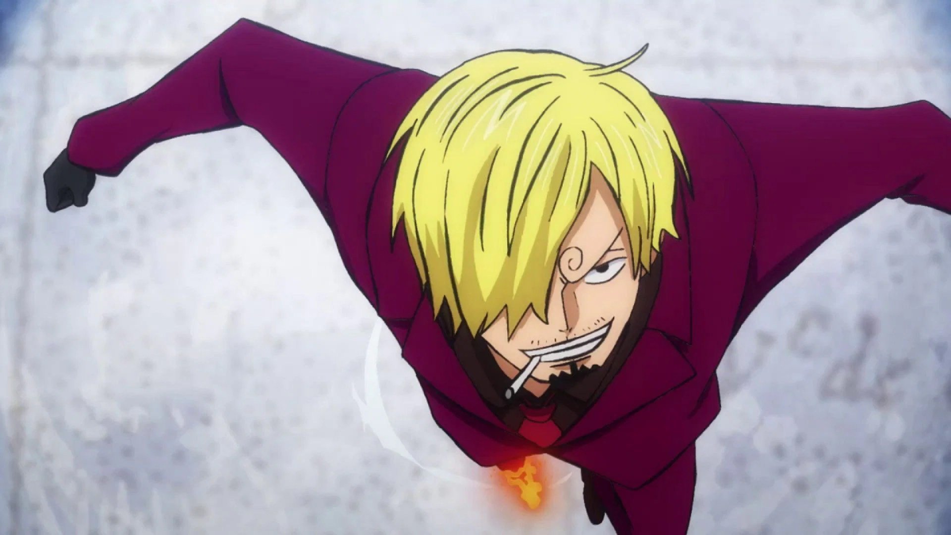 Sanji with a cigarette and a flaming foot