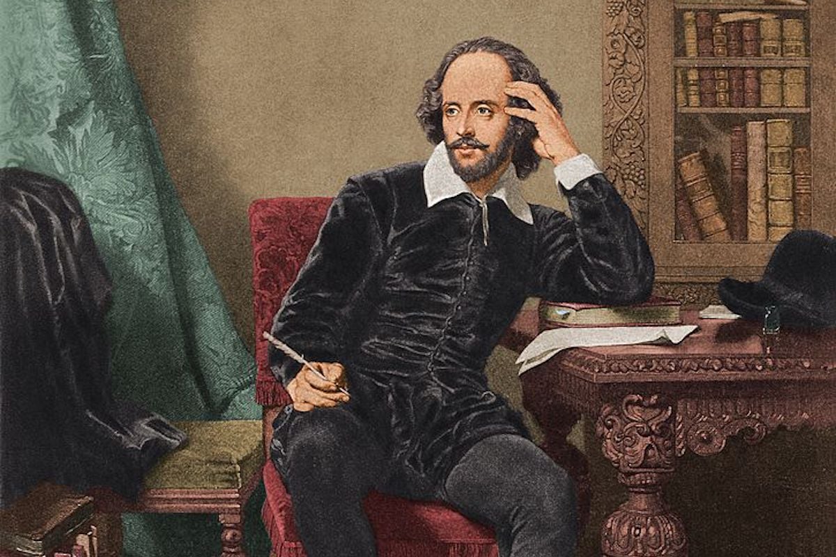 A painting of Shakespeare sitting at a desk, holding a quill, thinking.