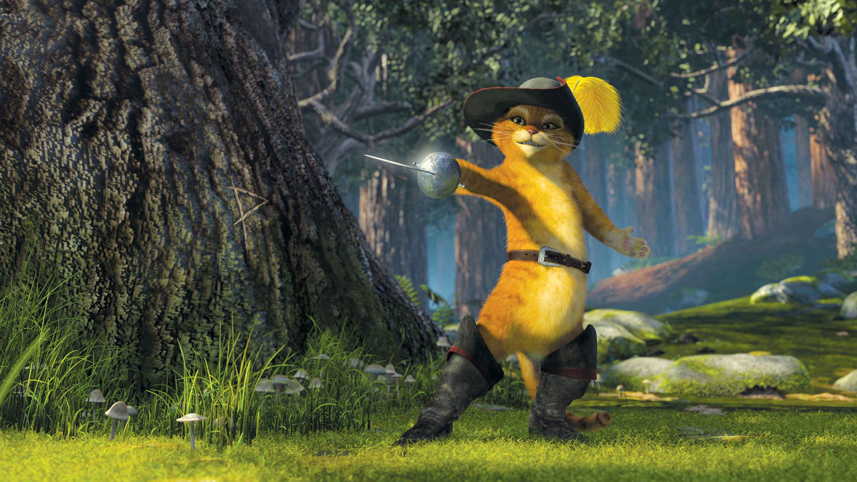 Puss in Boots wields his sword, standing in a forest.