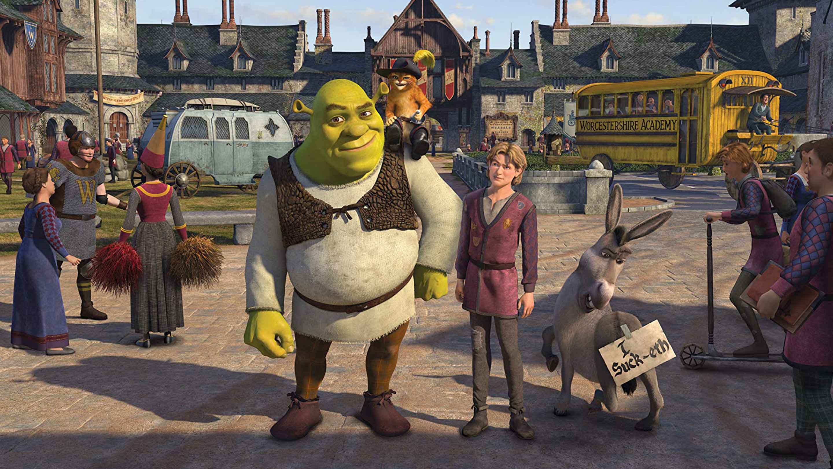 Shrek stands in a town square.