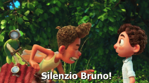 GIF of Alberto and Luca in the Pixar film,  'Luca.' Alberto is an Italian boy who is taller than Luca. He has a large pompadour of curly, brown hair and wears a yellow tank top as he's straddling a bike. Luca is shorter and has closer-cropped brown hair and wide eyes. He's wearing a light blue Polo shirt. They are facing each other and Alberto is making a big hand gesture as he says something to Luca. The text at the bottom of the GIF says "Silenzio Bruno."