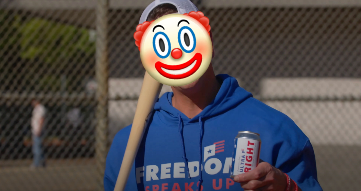 A grifter holds a baseball bat while selling "ultra right" beer. His face has been covered with a clown emoji.