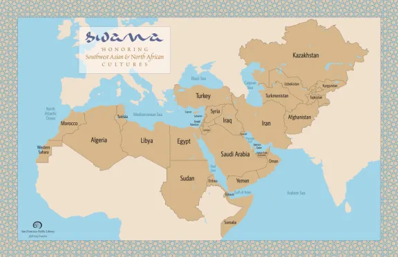 Map of roughly 31 countries that encompass Southwest Asia and North African (a.k.a. Middle East).