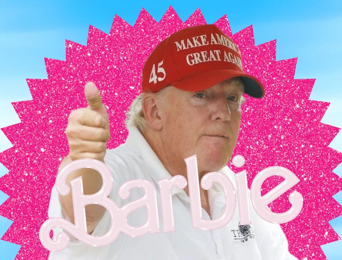 Trump gives a thumbs up, wearing a MAGA hat, surrounded by a sparkly pink circle with the Barbie logo in front of him.