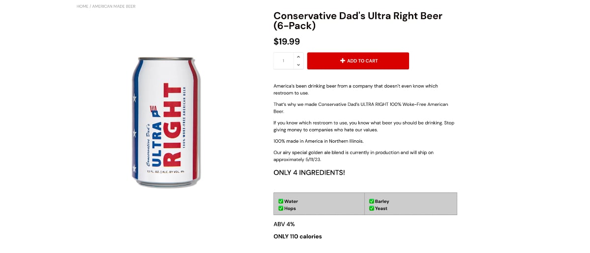 A screenshot from the Ultra Right beer website