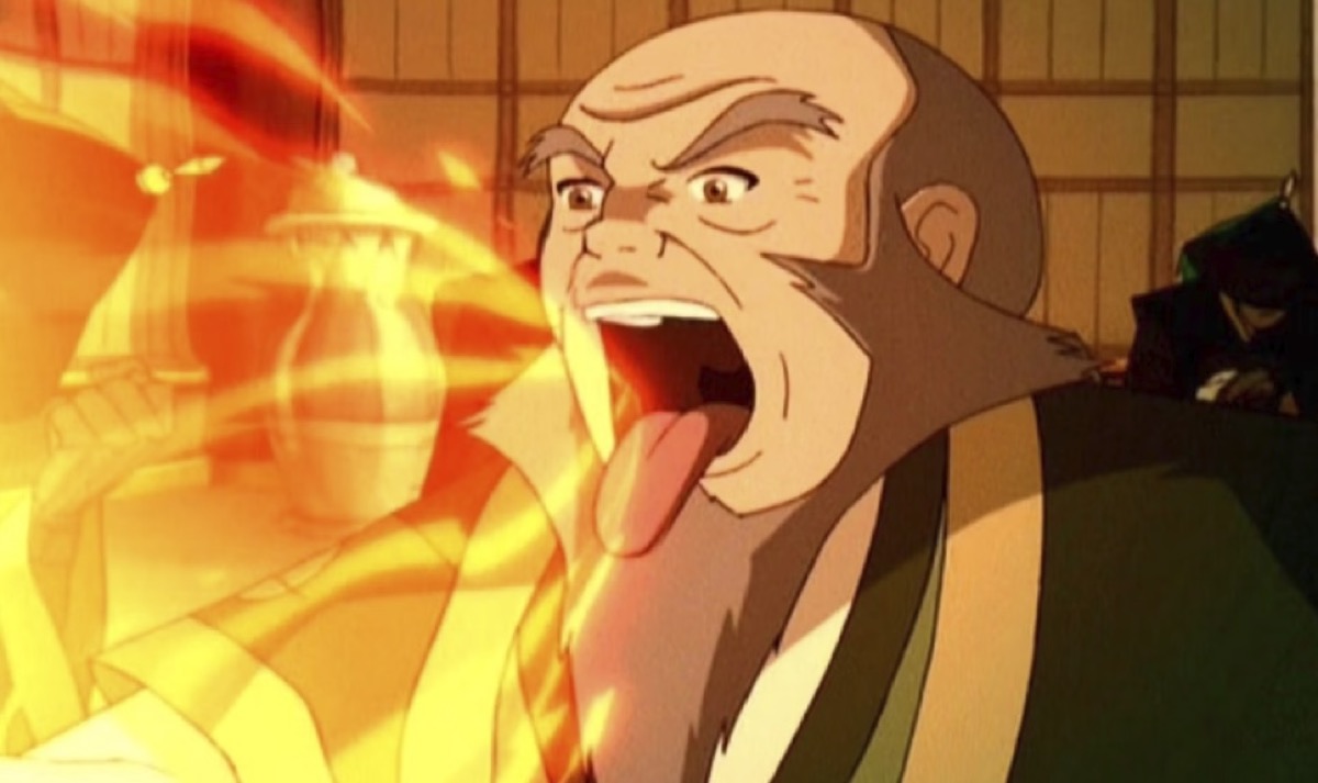 Uncle Iroh breathes fire on Avatar: The Last Airbender.