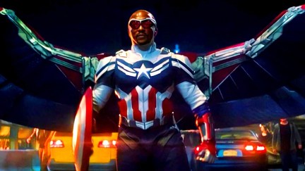 Sam Wilson as Captain America, with a predominantly white suit and wings. He stands against a night sky.