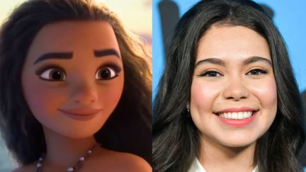Disney's animated Moana closeup, next to a closeup of her voice actor, Auliʻi Cravalho.