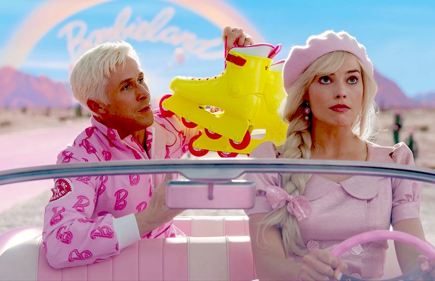 Barbie and Ken in a convertible car. Barbie is frustrated while Ken shows her his neon yellow roller blades.