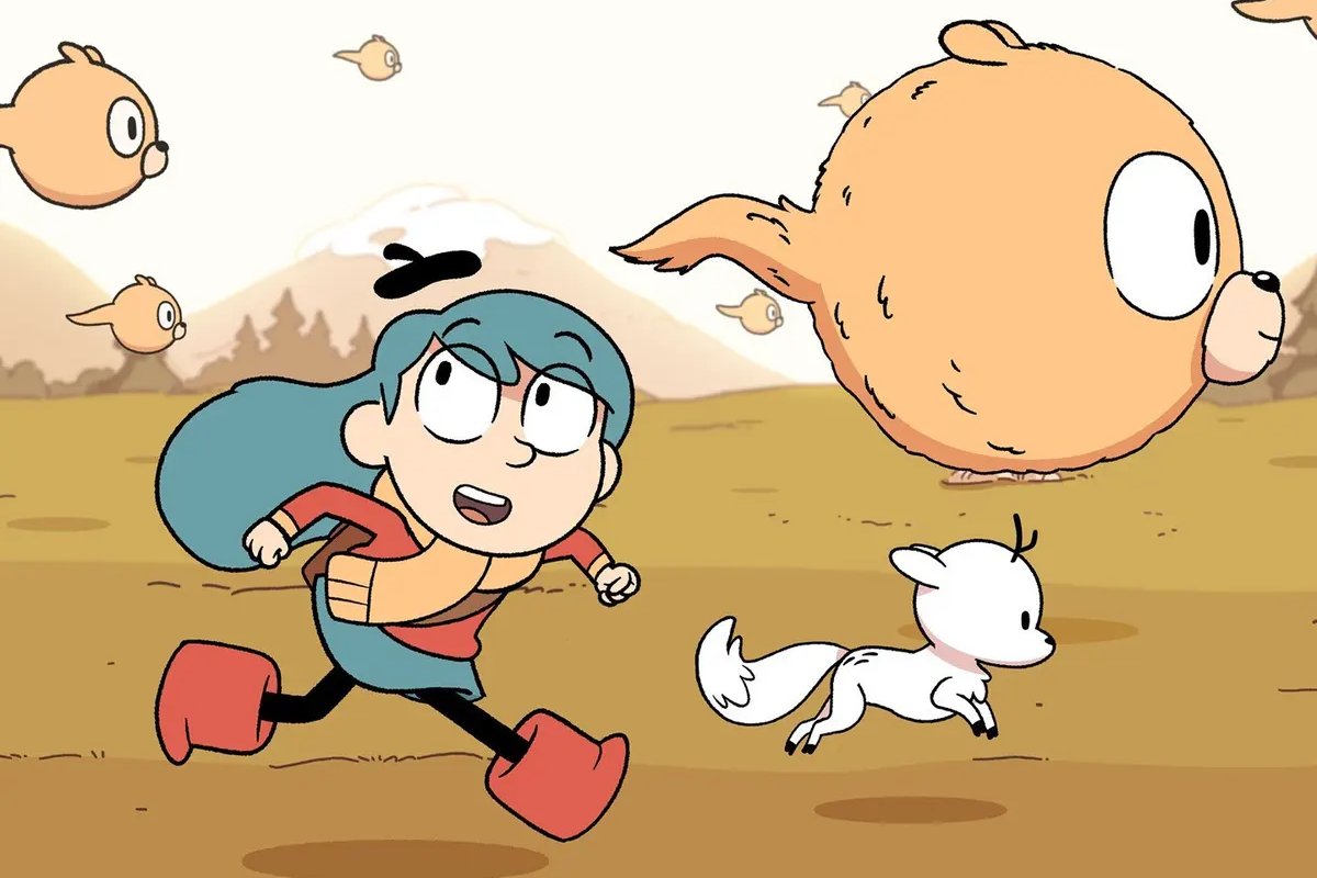 A small animated girl with blue hair runs alongside floating fantasy creatures with her small dog in "Hilda"