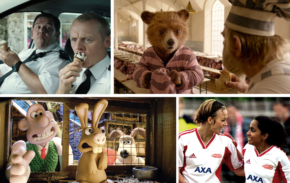 The best British comedy movies, featuring (clockwise from top left): 'Hot Fuzz,' 'Paddington 2,' 'Bend It Like Beckham,' and 'Wallace & Gromit: The Curse of the Were-Rabbit'