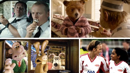 The best British comedy movies, featuring (clockwise from top left): 'Hot Fuzz,' 'Paddington 2,' 'Bend It Like Beckham,' and 'Wallace & Gromit: The Curse of the Were-Rabbit'