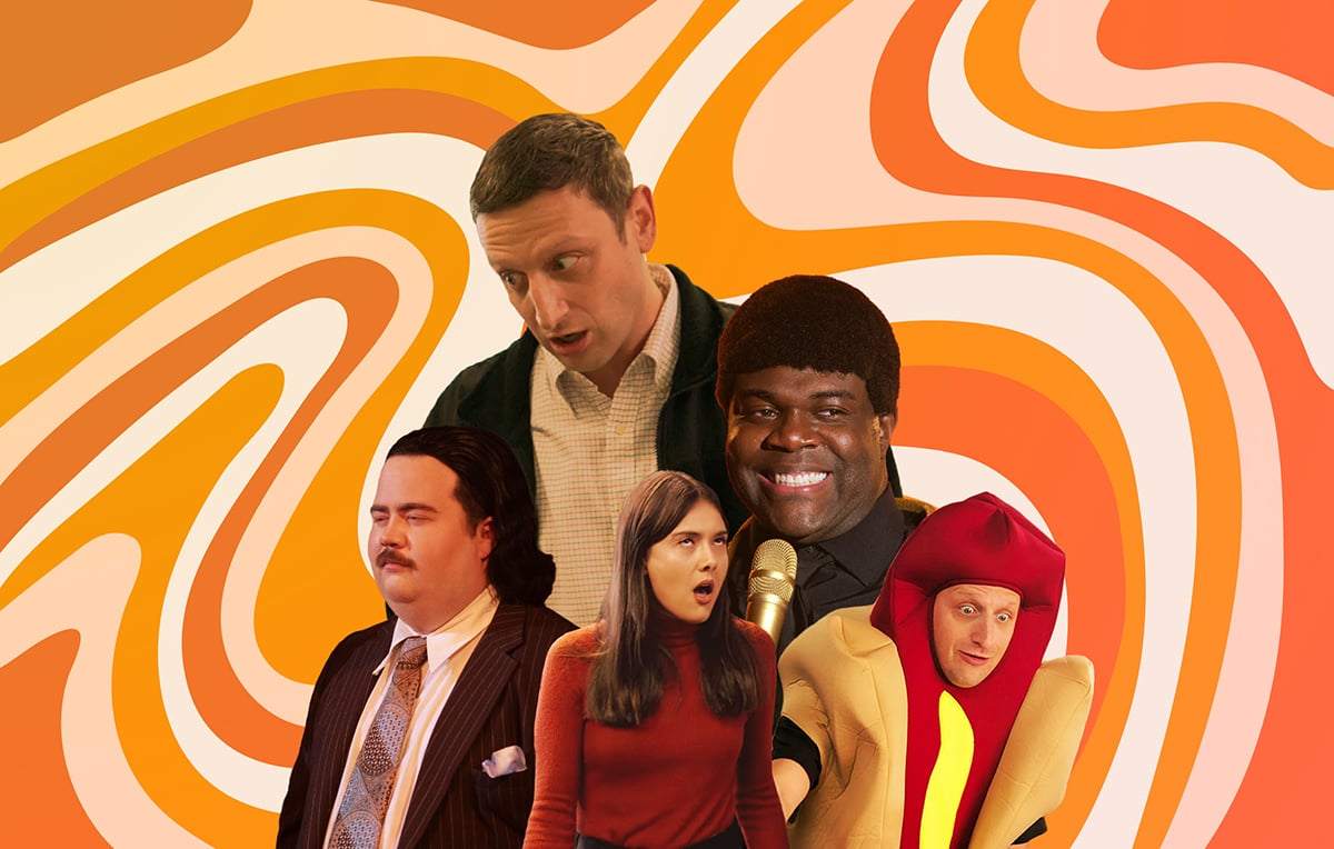 A swirly orange and white background with characters from 'I Think You Should Leave'